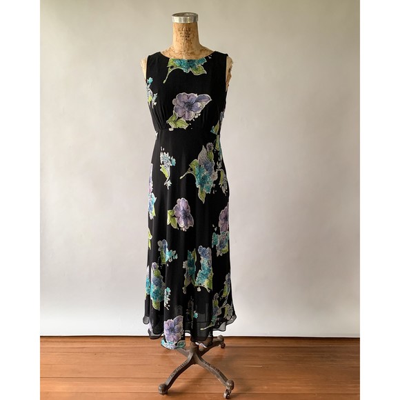 VTG Y2K Talbots Black Floral Silk Chiffo 1930s Style Bias Cut Dress S Size 4 - Picture 2 of 10